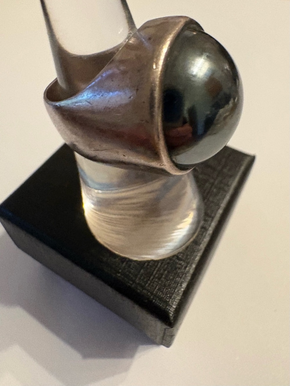 Modern Sterling Silver Hematite Dome Cocktail Ring - Sculptural Statement